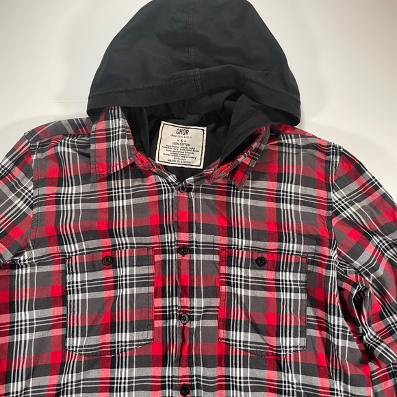 Chor long Sleeve Hooded Red & Black Plaid 100% Cotton Button Down - Size Small - Picture 3 of 5